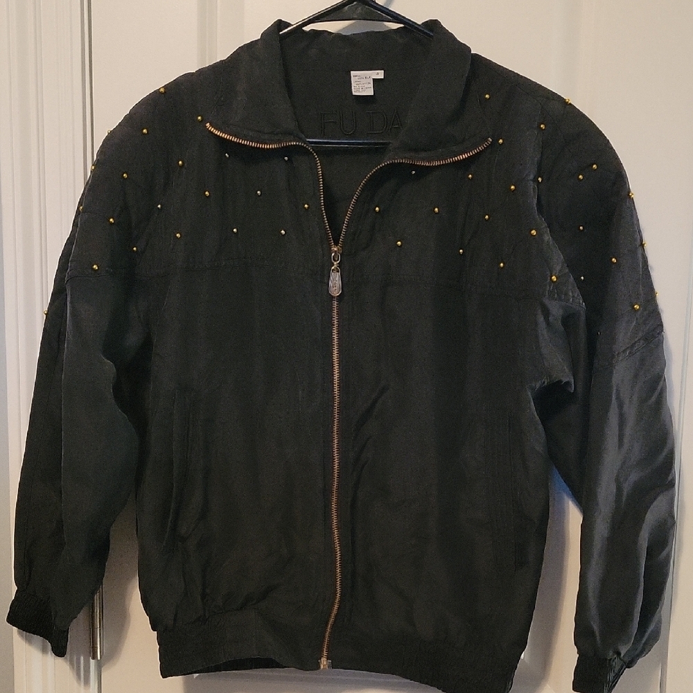 FuDa Silk Vintage Black 100% Silk Bomber Jacket Gold Studded Zip Front